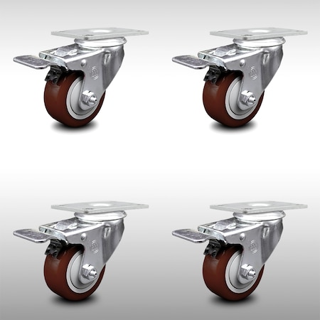 Service Caster 3 Inch SS Maroon Polyurethane Top Plate Caster Set Total Lock Brake SCC SCC-SSTTL20S314-PPUB-MRN-4